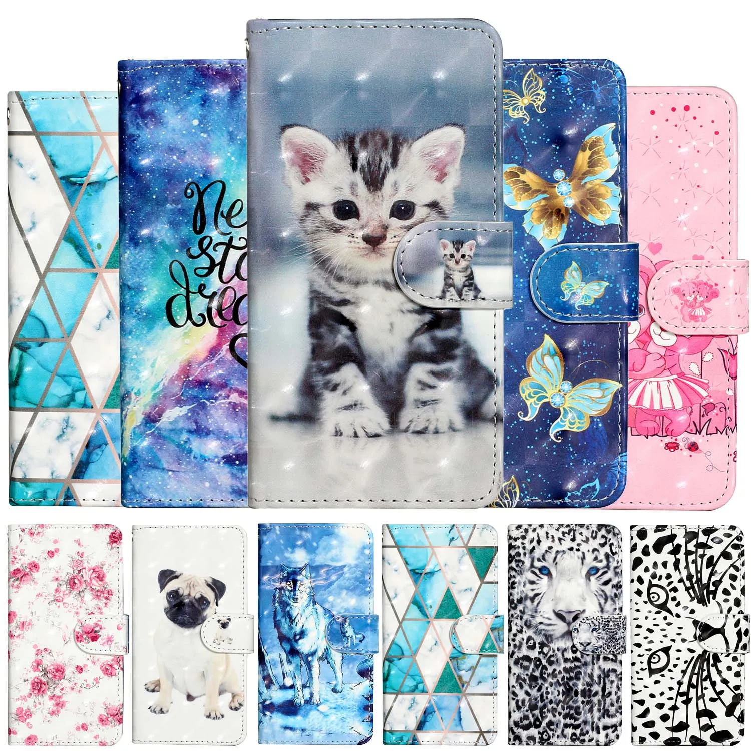 

Cute Cartoon Coque Wallet Flip Phone Case For Huawei P8 Lite 2015 P9 Lite 2017 P10 Plus P20 P30 P40 Lite Y5P Y6P Honor 9S Cover