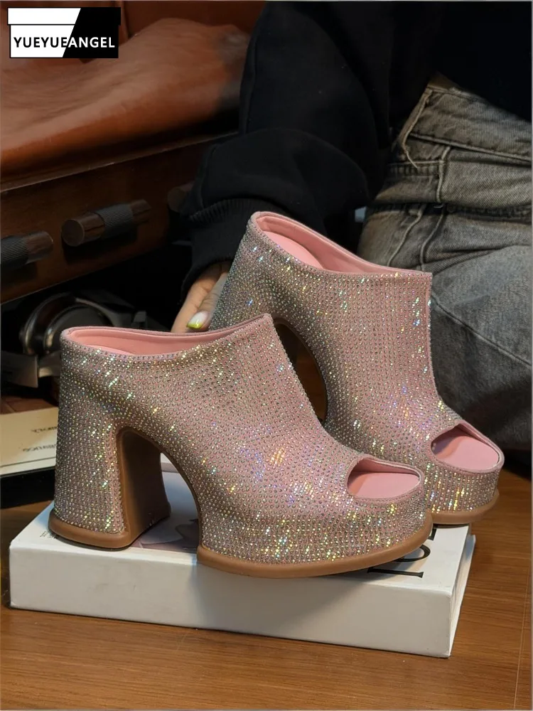 

New Summer Women Open Toe Diamonds Slippers Square Heel Block Heels Footwear Thick Soled Height Increasing Casual Slides Shoes