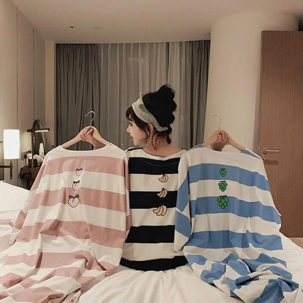 Pajama Dress Female Short-Sleeved Striped Homewear Loose Nightgown Dress Sleepwear