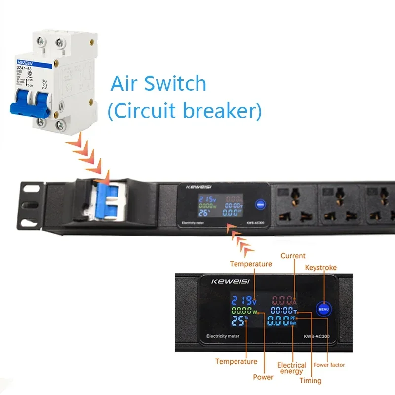 19Inch Cabinet Mount PDU Power Strip EU US UK C13 Universal Socket LCD Digital Voltmeter Ammeter Wattmeter 16A/32A Air Switch