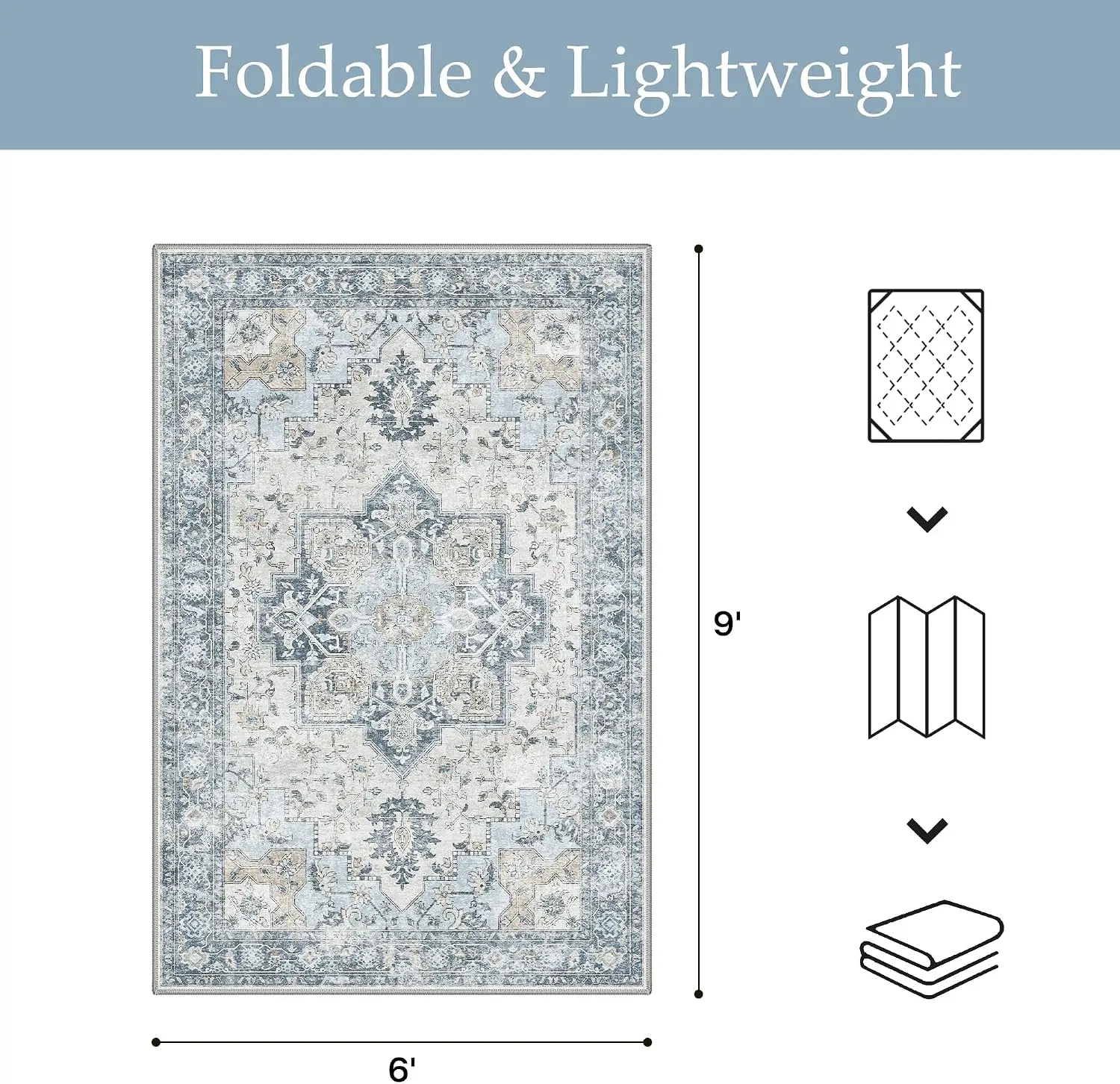 6x9 Outdoor Rug, Washable for Patio and Deck, Blue | Vintage boho medallion design for dining area; fade resistant chenille with