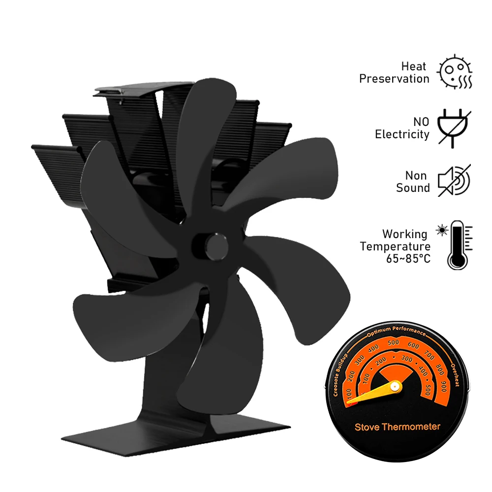 Black Fireplace 6 Blades Heat Powered Stove Fan komin Log Wood Burner Eco Friendly Quiet Fan Home Efficient Heat Distribution