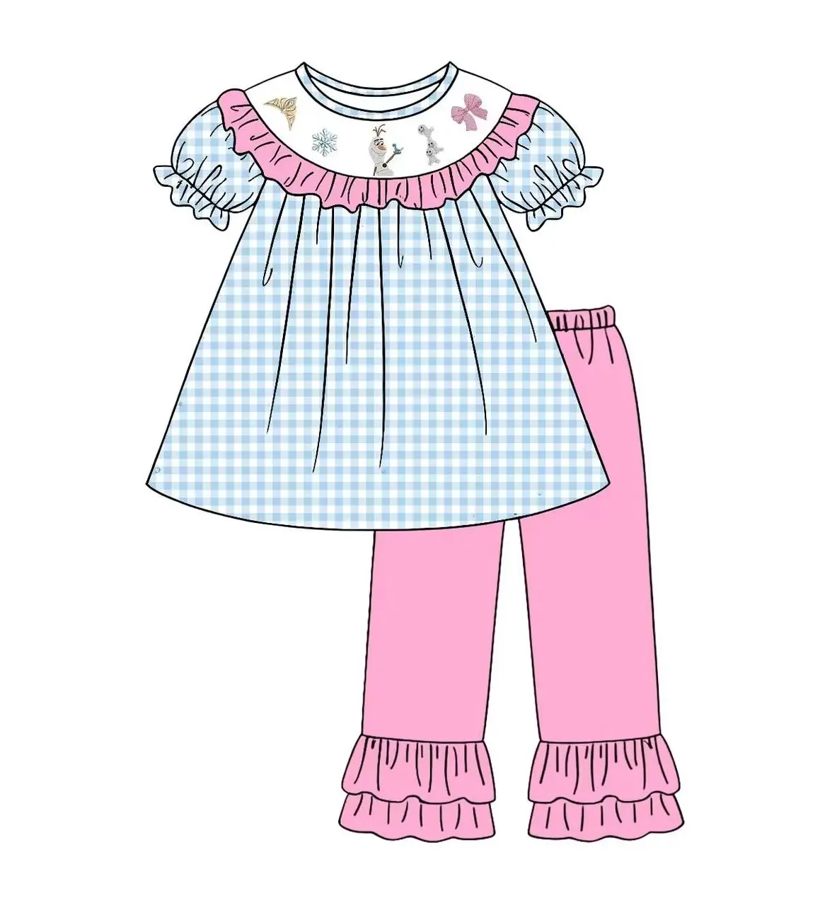 New Girls Princess Outfit Blue Gingham Check Print Pink Short Sleeve Dress Bubble Romper Ruffle Pants Shorts Set