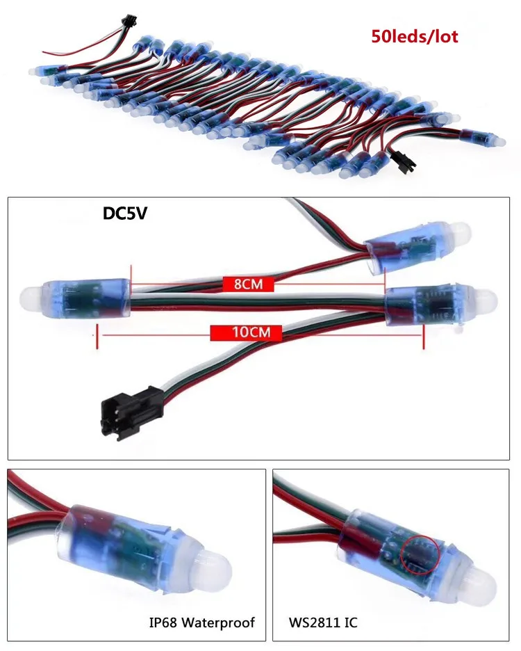 Módulo de luz LED direccionable digital, 50 piezas, 5V, WS2811, 2811 IC, RGB, a todo Color, 12mm, punto impermeable, cadena de Navidad