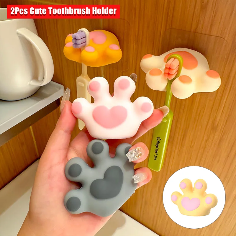 2Pcs Toothbrush Holder Cute Nail-Free Hook Toothbrush Rack Wall Mounted Storage Rack Bathroom Accessories