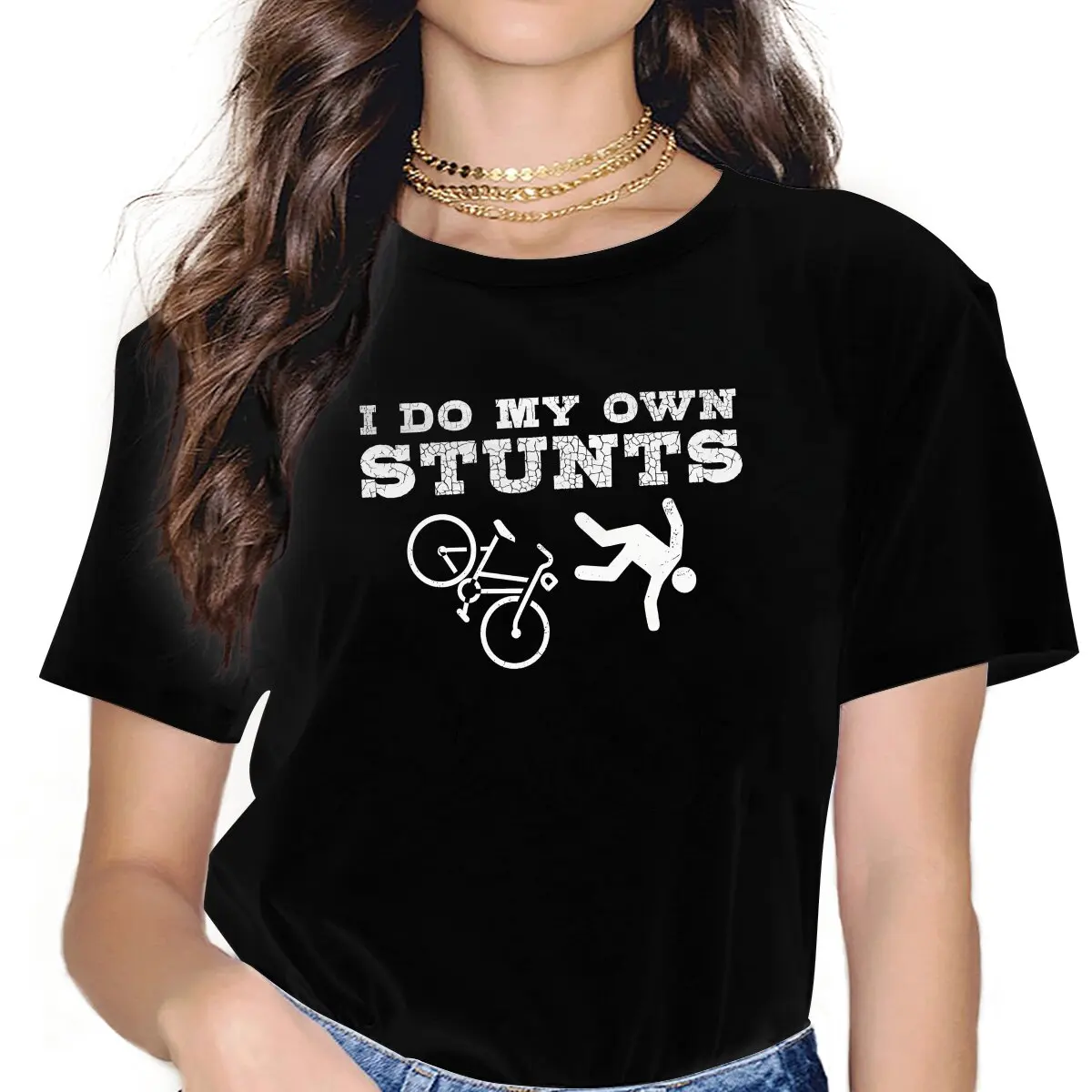 Sport Mountain Biking I Do My Own Stunts T Shirt Vintage Fashion Women's Polyester Tshirt O-Neck