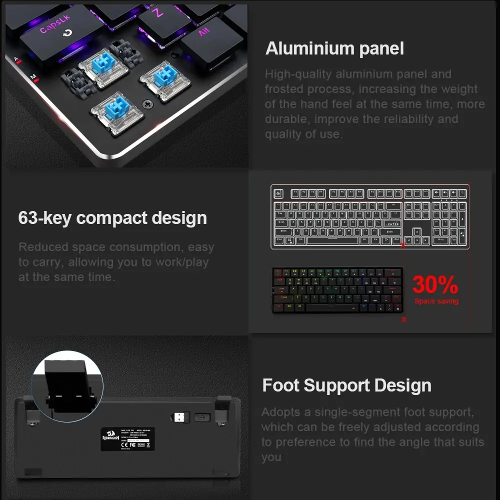 REDRAGON Elise Pro K624P RGB Super Slim Teclado Mecânico Para Jogos Suporte USB Sem Fio Bluetooth 2.4G 63 Teclas para Compute PC