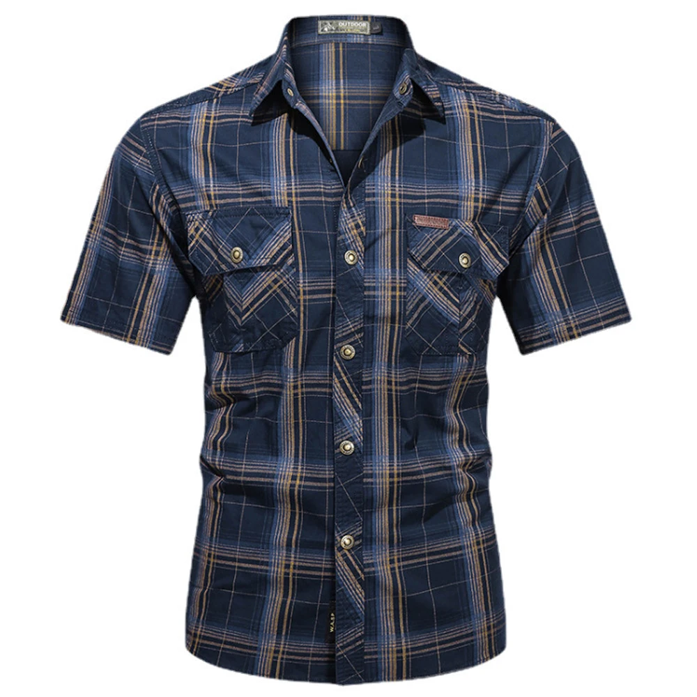 Spring Summer Men's Lapel Plaid Shirts Men Short Sleeve Button Shirt  Casual Streetwear Male Work Shirts Fashion Tops Clothong