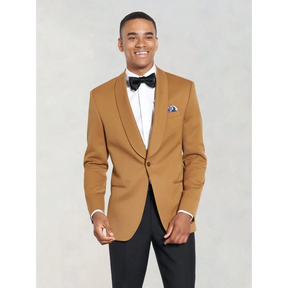 Slim Single Button Yellow Blazer Men Suit Two Pieces(Jacket+Black Pants) Outfits Casual Party Prom Wedding Set