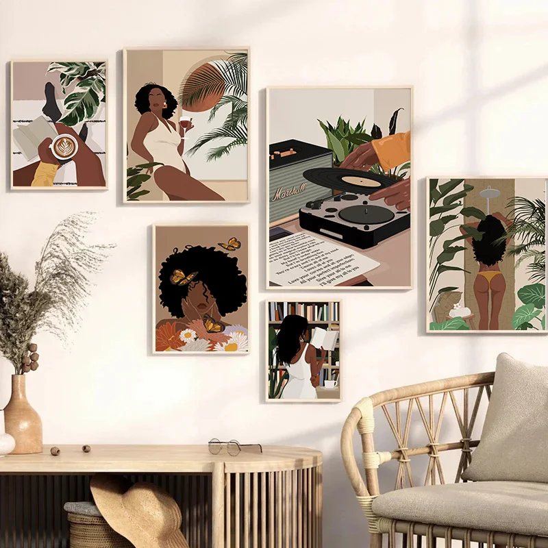 Abstract Fashion Black Woman Reading Hairdressing Bathing Poster Wall Art Pictures Canvas Painting Home Room Salon Decor