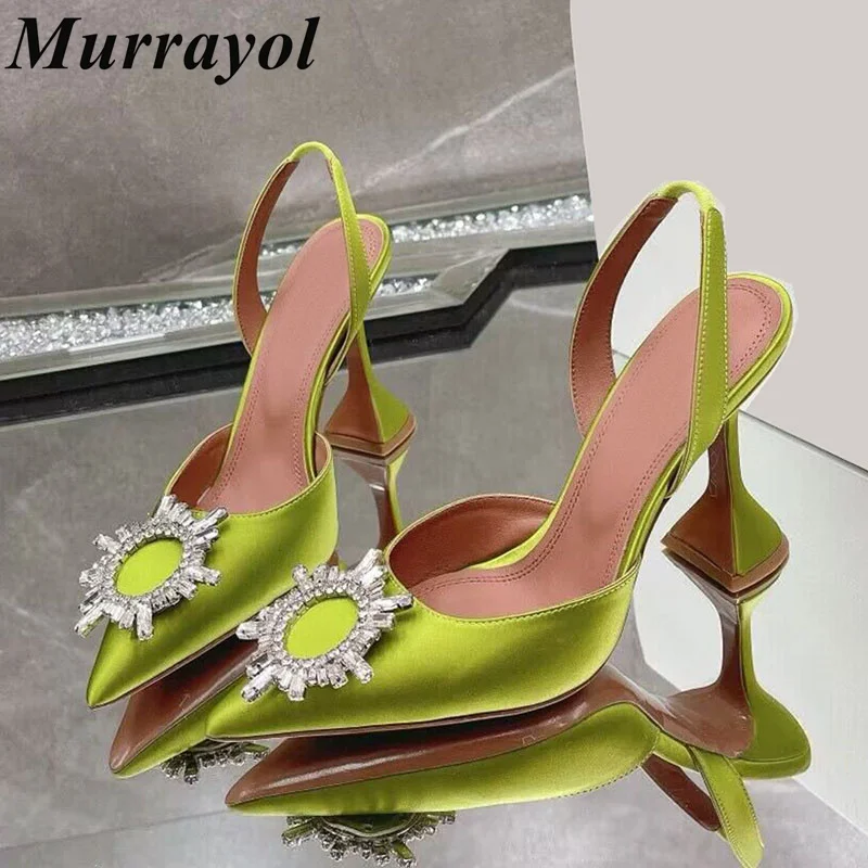 

New Pointed Toe Satin Finish Thin Heels Sandals Women Rhinestone Decor Sandalias Summer Party Dress Shoes Wedding Shoes Pumps