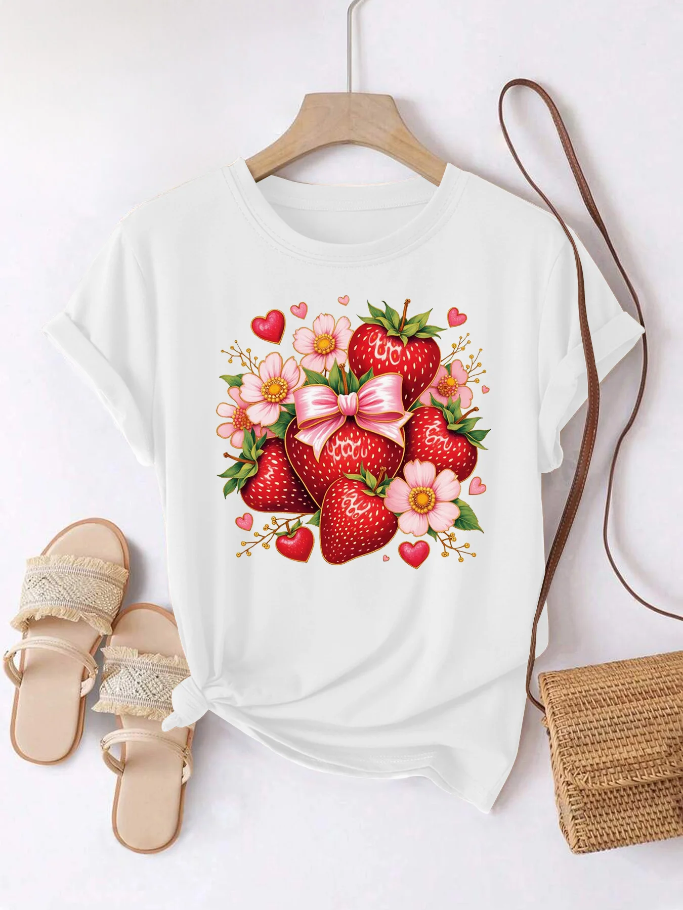 

Летняя модная женская футболка с цветочным принтом клубники, женские повседневные мягкие топы с круглым вырезом и короткими рукавами, одежда