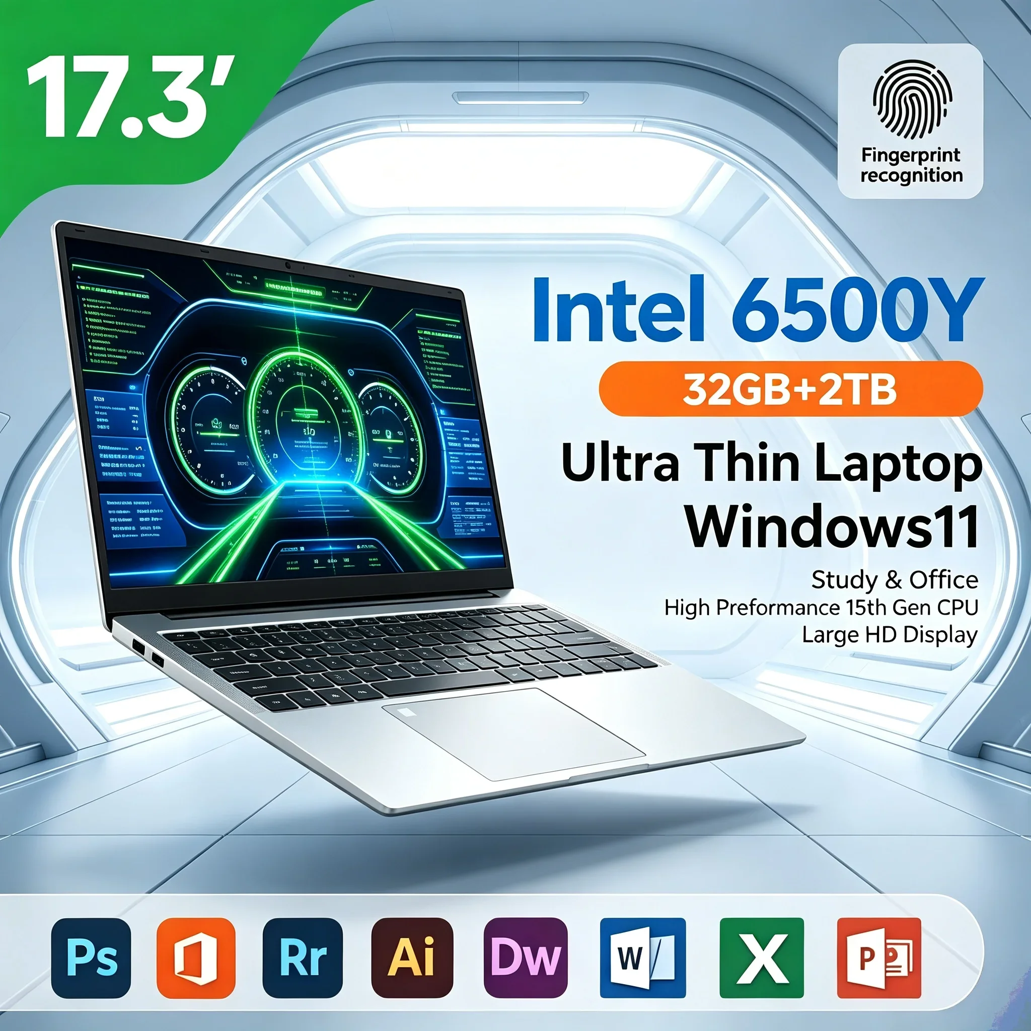 17.3 Inch Portable Laptop Large HD Screen Intel 6500Y 32GB RAM 1TB 2TB SSD Windows11 WiFi6 BT5.2 Notebook Household & Office Job