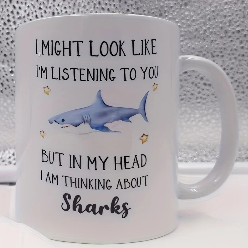 1pc Funny Shark Ceramic Coffee Mug - Double-Sided Design, 