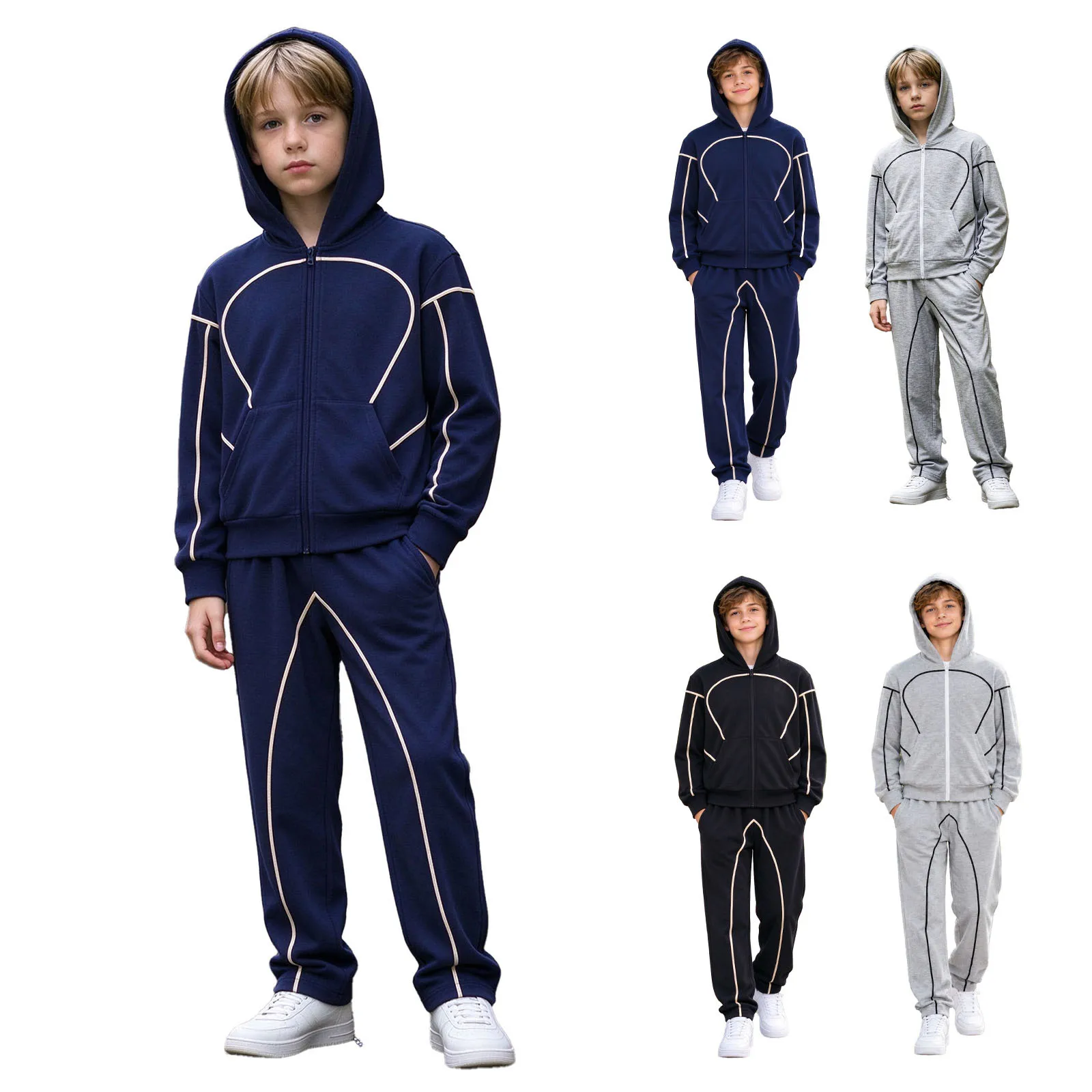 Kids Boys Girls 2-piece Casual Outfit Contrasting Color Trim Tracksuit Long Sleeve Zipper Hooded Jacket with Pants Tracksuit