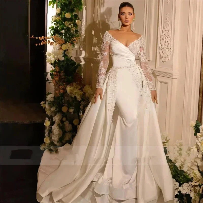Vestidos De Novia De cola desmontable De lujo personalizados Vestido De baile De satén sirena con cuello en V Vestido De Novia De manga larga