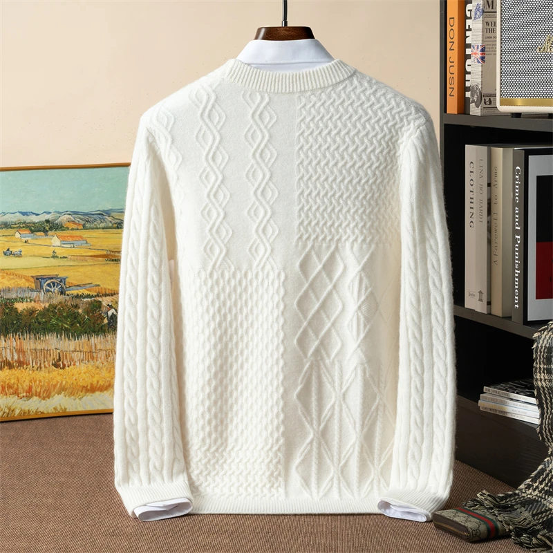 450g Winter 100% Pure Cashmere Sweater Men's Round Neck Thickened Knitted Top Casual Loose Sweater