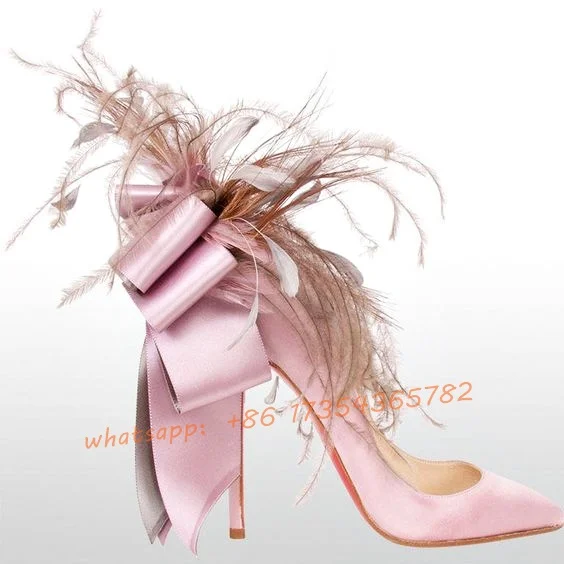 

Pointy Toe Stiletto Pink Suede High Heels Women's Spring Back Stain Bowknot Feather Pumps New Stylish Party Wedding Shoes