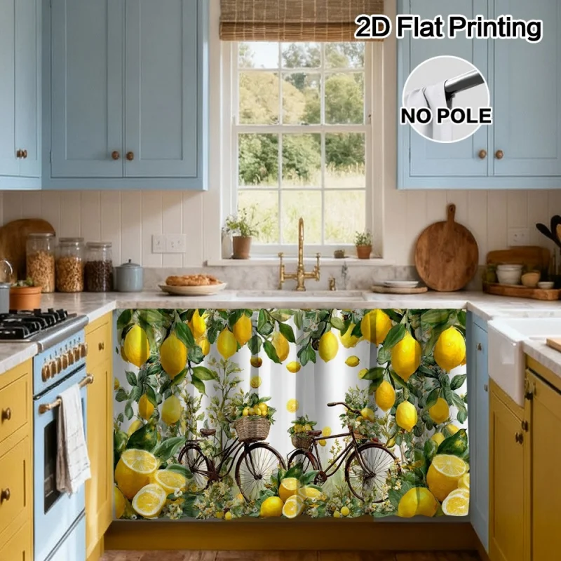 VIKAMA Lemon Bicycle Fruit Pattern Kitchen Cabinet Curtains Privacy Buffer Curtain for Bathroom Shelves Bedroom