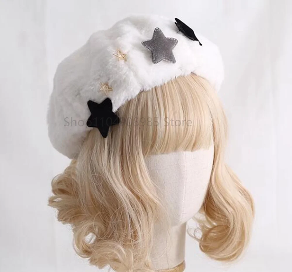 素敵なウサギの耳付きベレー帽、女性と女の子向け、暖かい冬用ラビットカートゥーンプラッシュキャップ、プラッシュJKベレー帽