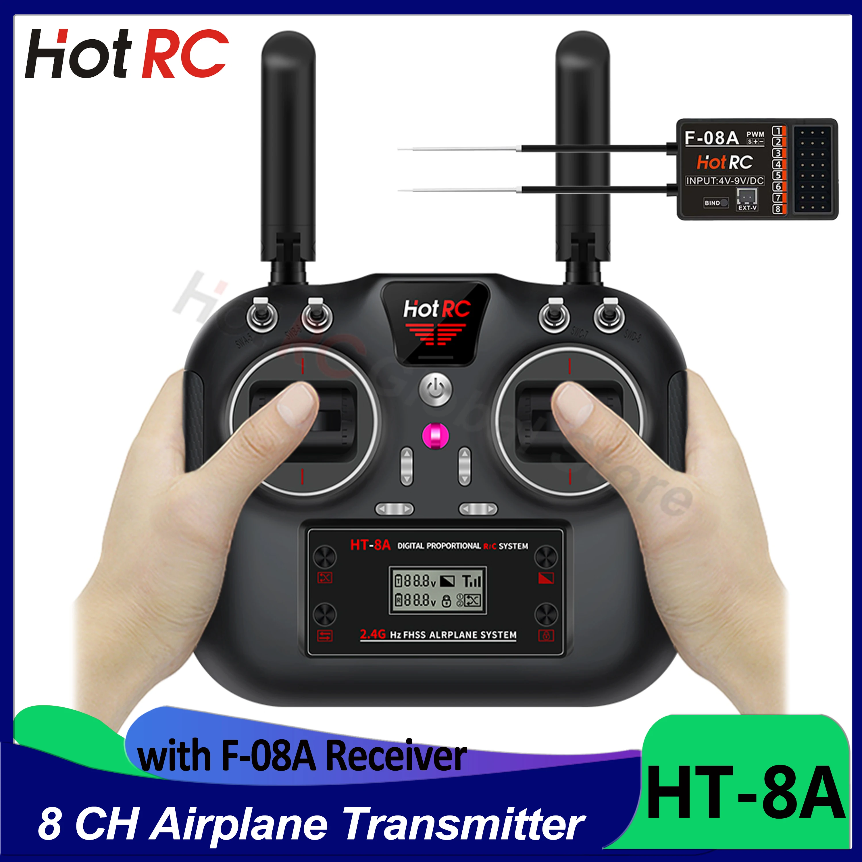 

HotRC HT-8A Remote Control 2.4G 8CH 4.5-9V PWM FHSS Transmitter with F-08A Receiver For RC FPV Drone Aircraft Car Ship Tank