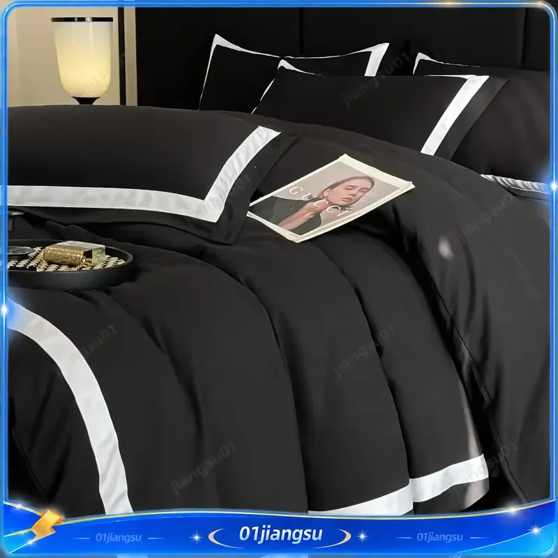 Luxury Hotel Bedding Set Thick Brushed White Duvet Cover 4 Piece Fully Enclosed Bed Sheet Pillowcase Home Gift Soft