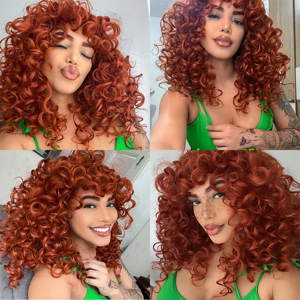 Short Black Curly Wig with Bangs for Women Synthetic Hair Cosplay Wigs Loose Curly Red Brown Ginger Natural 18“Afro Wig