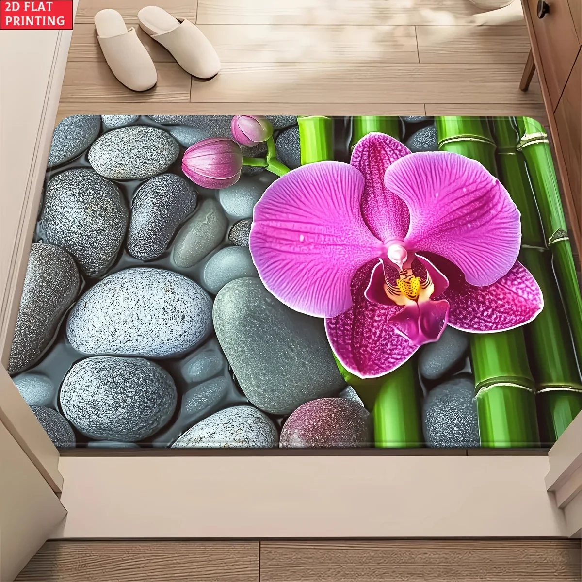 2D Flat Purple Orchid Zen Stones Flannel Bath Mat Non Slip Spa Inspired Shower Rug for Bathroom Relaxation Decor