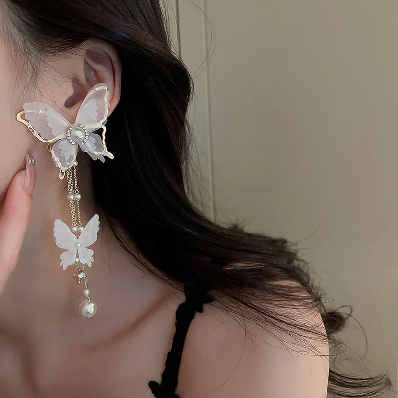 Temperament White Butterfly Drop Earrings Long Tassel Hanging Earrings Women\'s Fashion Imitation Pearl Earrings Jewelry