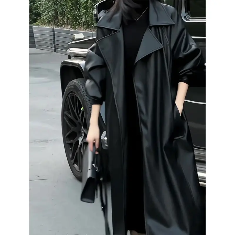 High End Luxury Temperament Long Black Leather Windbreaker Coat For Women Spring Autumn Fashion Slim PU Leather Trench Overcoat