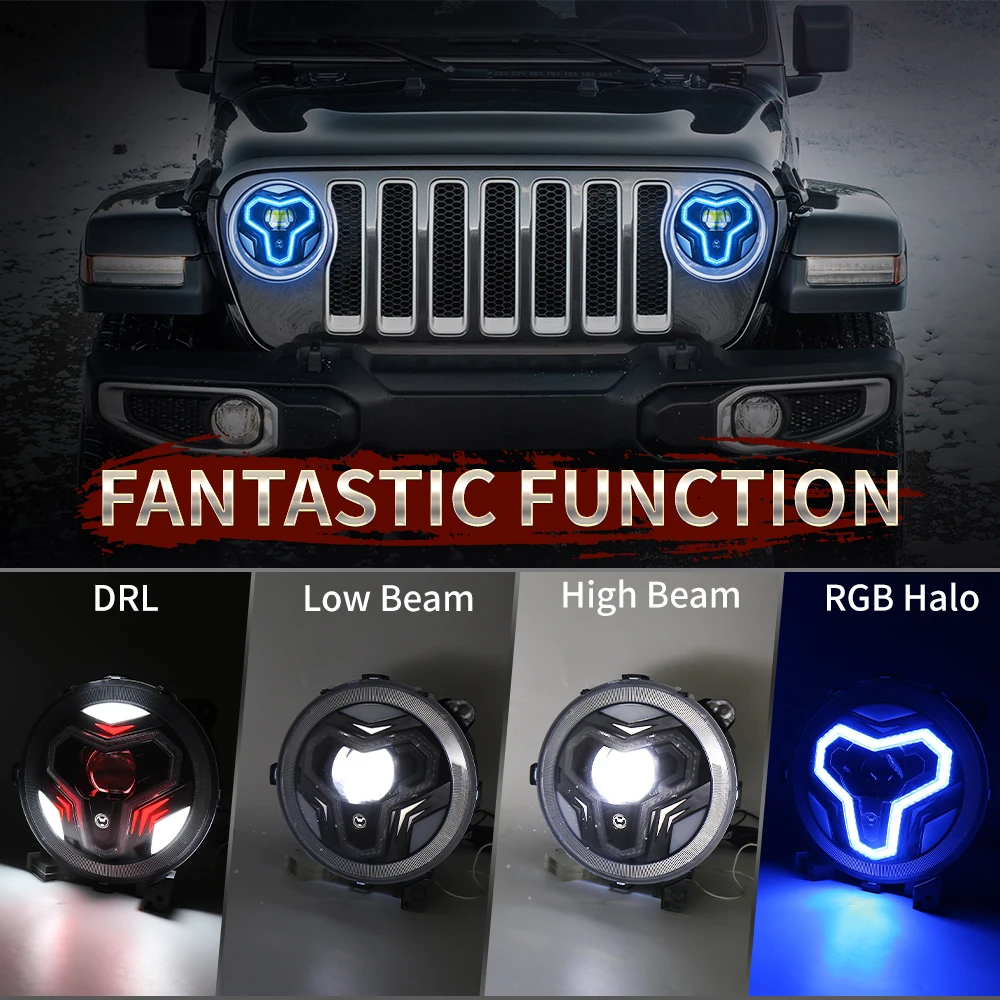 MOVOTOR Blue Tooth Control Round Led Headlight With RGB Halo DRL High Low Beam 9 Inch Headlight For Jeep JL JT