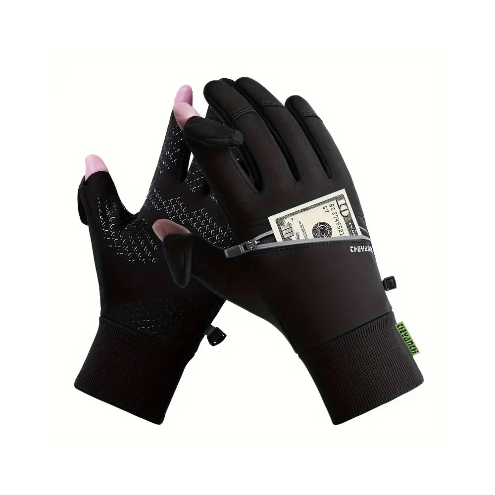 Winter Flip Finger Gloves with Zipper Pocket Touchscreen Anti-slip Windproof Thermal Fishing Cycling Gloves for Men Women