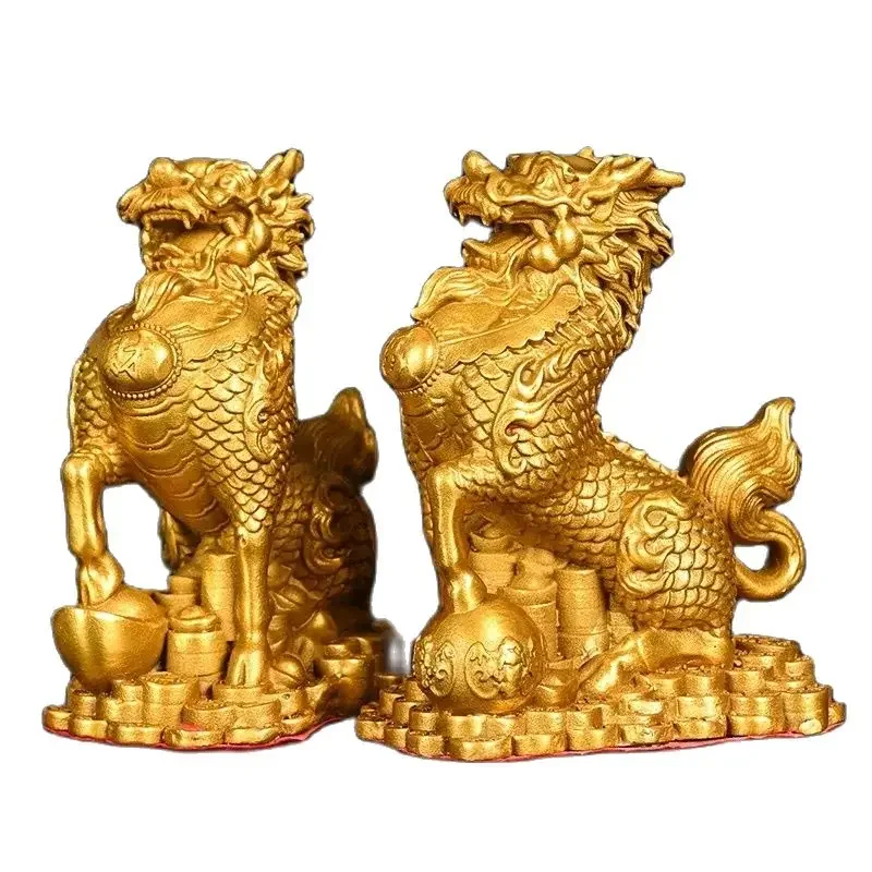 Brass Kirin Ornament, a pair of gold ingots, finely crafted gifts, Kirin Home Living Room Ornament, Wealth Kirin