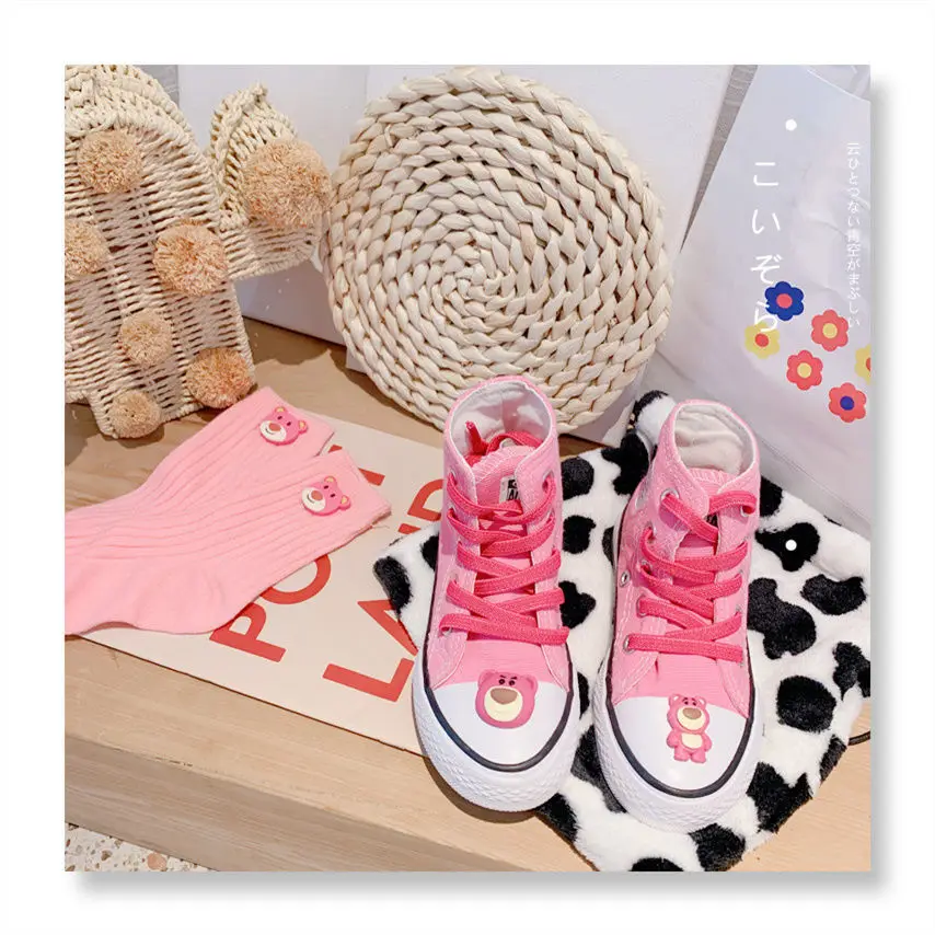 Strawberry Lotso Spring Autumn Girls Princess New Rose Red Cartoon High-top Baby Casual Canvas Shoes Children's Breathable Shoes