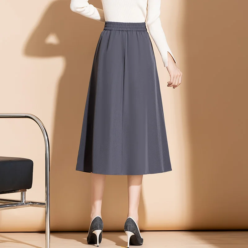 ZUZK النساء الصلبة OL التنانير جديد ربيع الخريف مرونة عالية الخصر الإناث أنيقة ألف خط منتصف طويلة تنورة سوداء Saia Preta