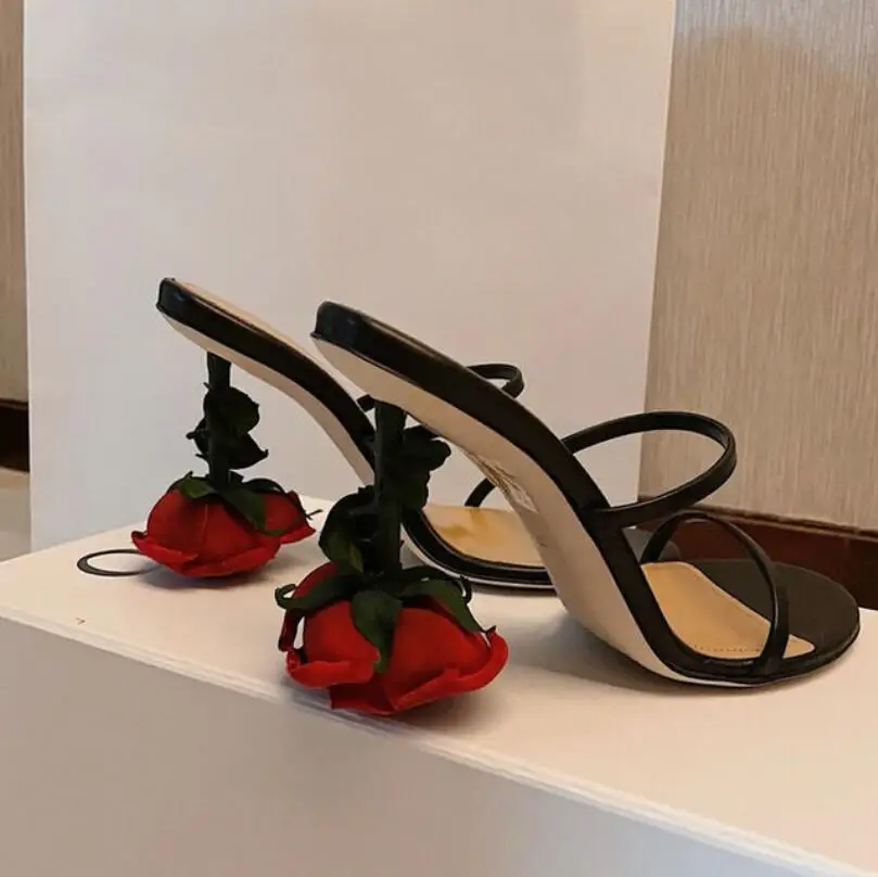 New Summer Dress Slippers Flowers Open Toe Women Slippers Rose High Heels Black Women Sandals sandalen damen luxury sapato