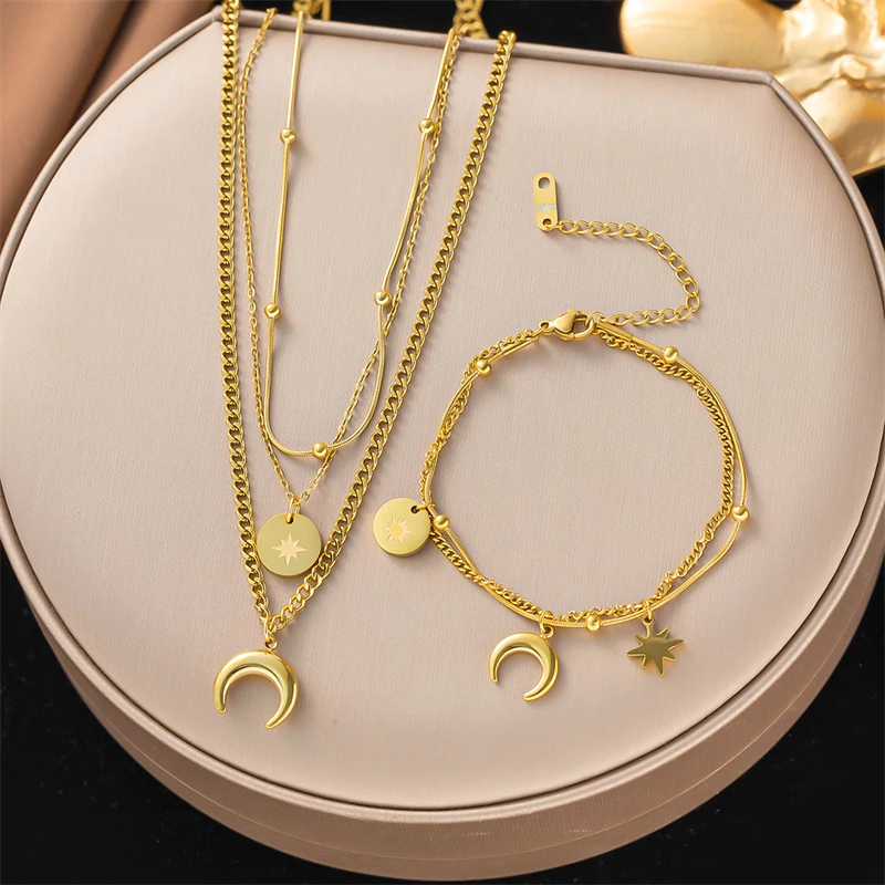 Kuziduocai 100% Stainless Steel New Fashion 18K Gold-plated Stars Moon Unique Jewelry Set Charm Chain Women Necklaces Bracelets