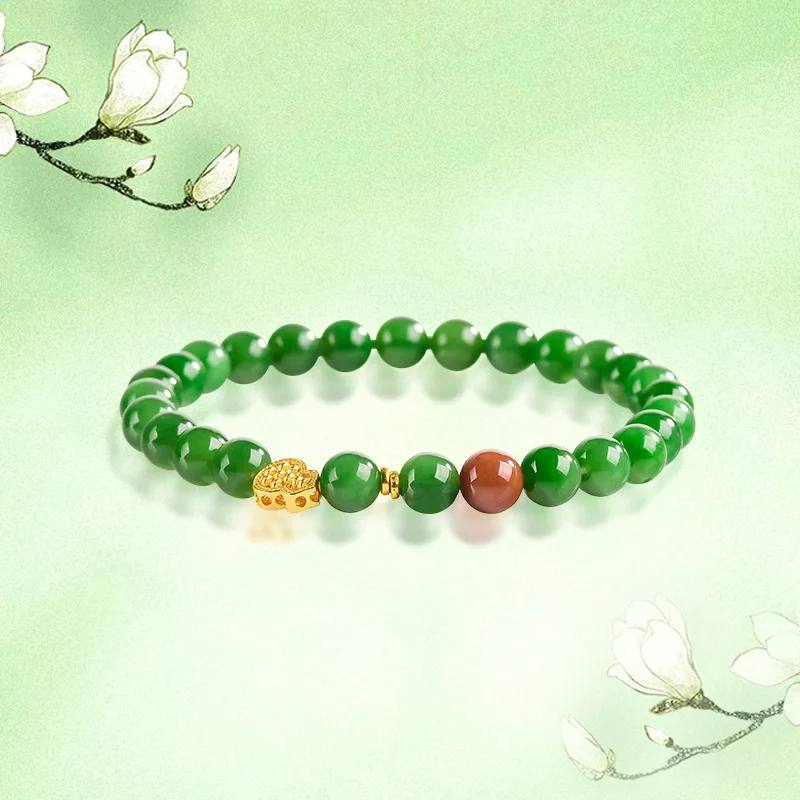 

Natural old material Hotan Jade jasper round bead hand string jade women's antique hand string new Chinese gift giving upscale