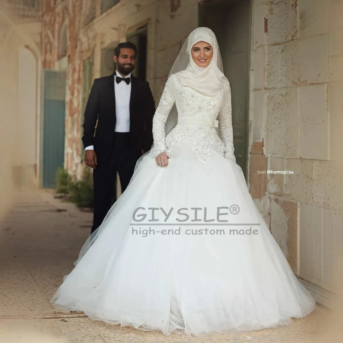 GIYSILE Gaun Pengantin Muslim Islam Arab Timur Tengah Gaun Pengantin Leher Tinggi Lengan Panjang Gaun Pengantin Sutra Putih