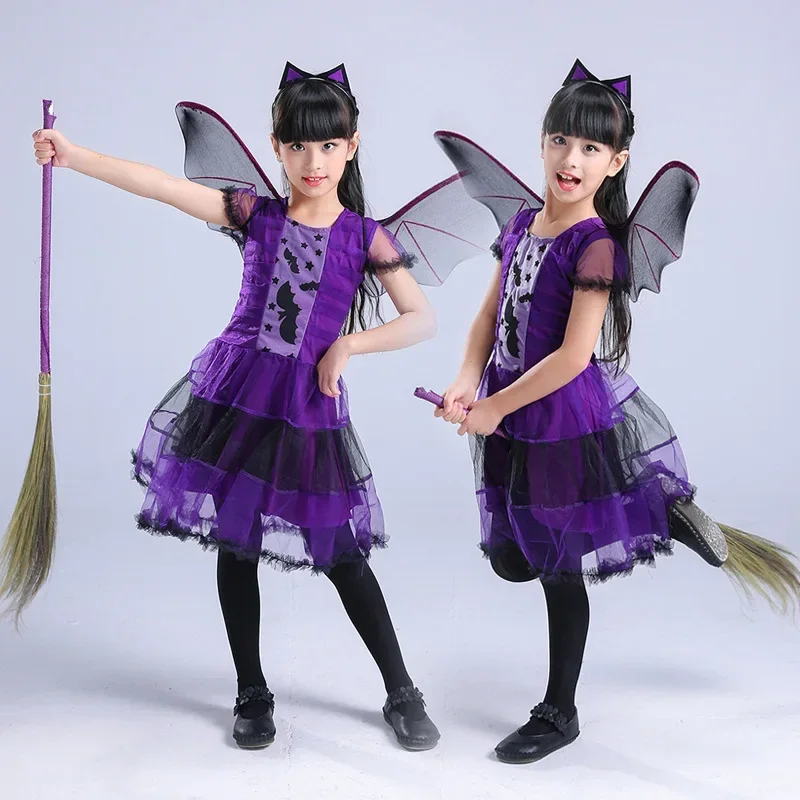 Mädchen Cosplay Kostüm Kleid Kinder Fledermaus Rollenspiel Outfit Lila Mehrlagiges Tüllkleid für Halloween-Party Aufführung – Detail 5