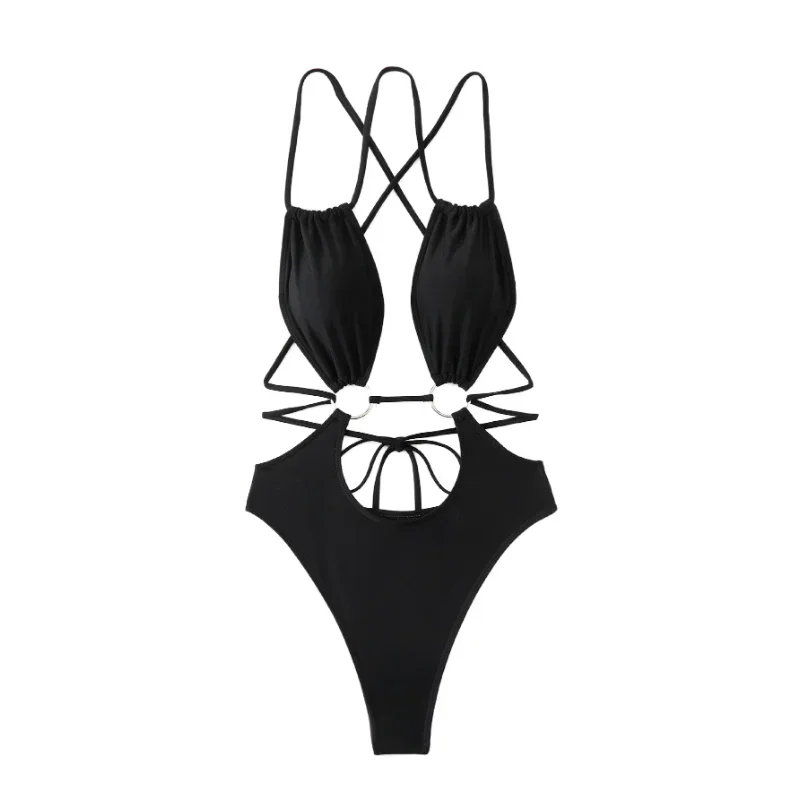 여성을위한 검은 섹시한 원피스 비키니 하이 웨이스트 중공 링 Monokini 수영복 2024 여름 해변 휴가 등받이 수영복