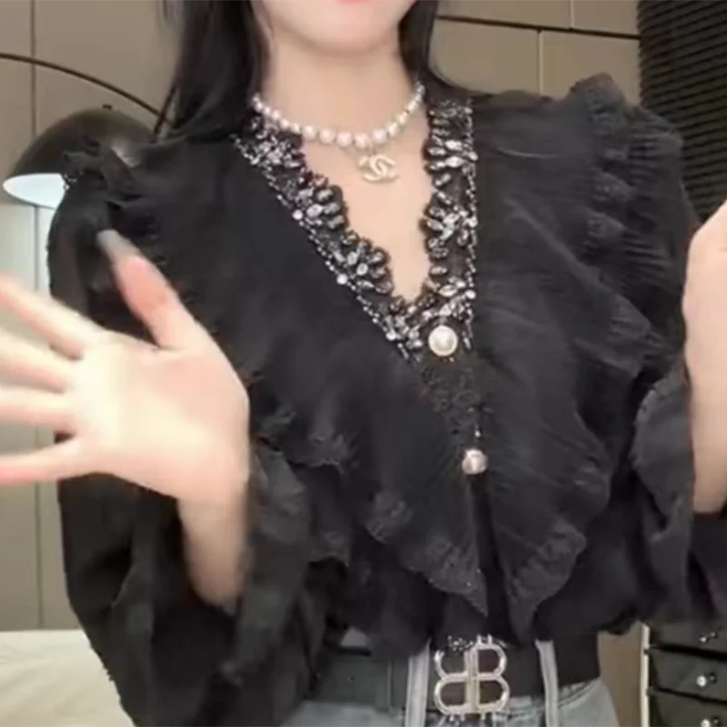 Shirt women's 2024 summer new French style flounces studded horn long sleeve temperament ladies wind jacket tide.