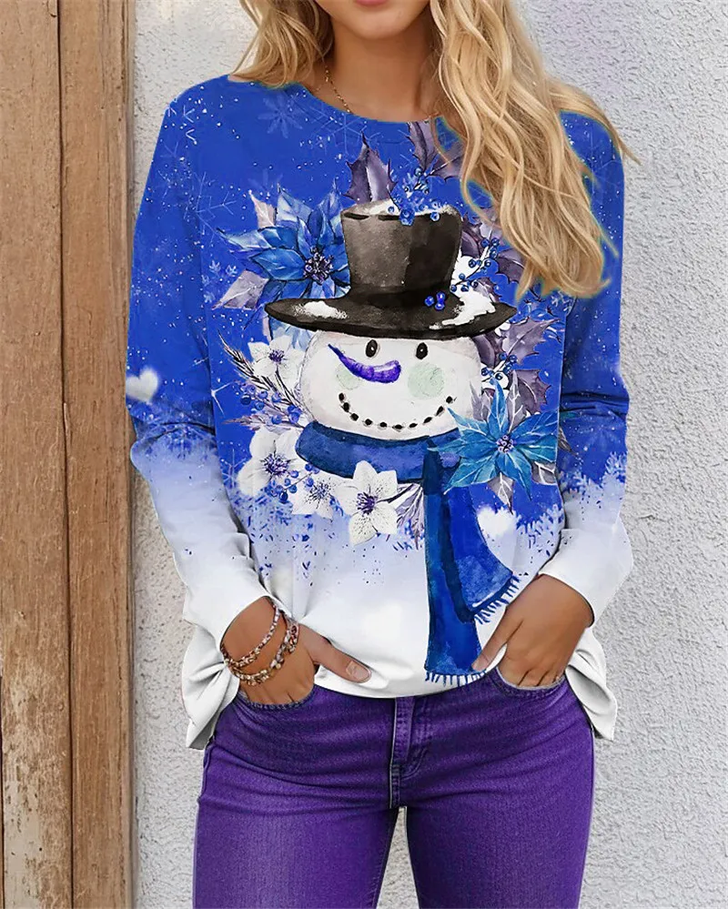 Kerst Sneeuwpop Patroon Vrouwen Mode T-Shirts Herfst Winter Lange Mouw 3d Geprint Street Tie-Dye Kerst Tops 3xl Grote Maat