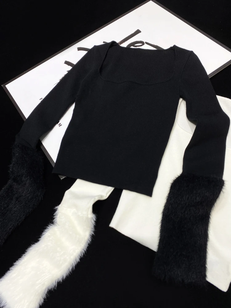 [YOZOU] luxury black white plush Knitwear Jumper Crop knit woman Female clothing Korean dongdaemun high quality Pullover