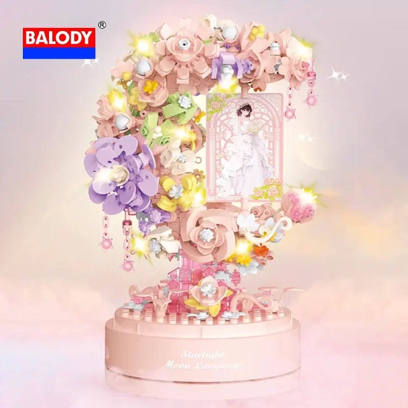 

BALODY Kawaii Maiden Heart Розовая музыкальная шкатулка Блок-головоломка в форме луны Цветочный дизайн Романтический декор столешницы Подарок на День святого Валентина