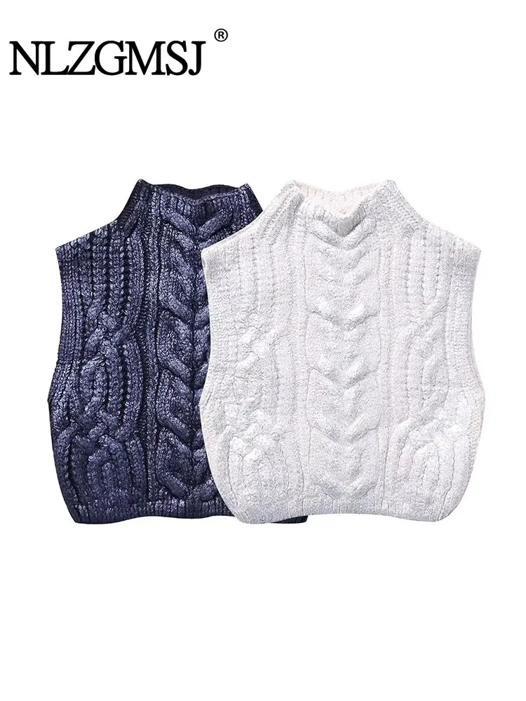 TRAF 2024 Autumn Winter Cropped Knitted Sweater Vests For Women Knit Sleeveless Vest Woman Short Waistcoat Women Pullovers Top