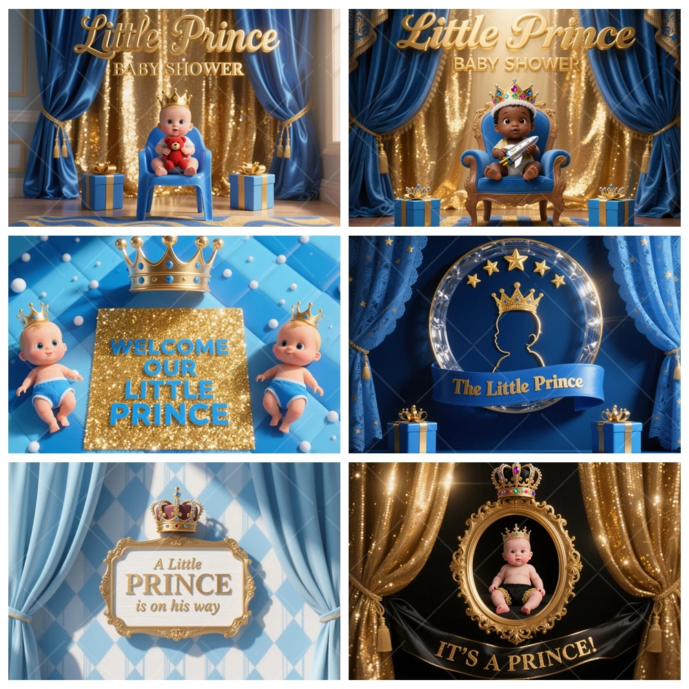 

Little Prince Boy Baby Shower Backdrop Royal Prince Party Decor Blue Gold Crown Balloon Star Photography Custom Background