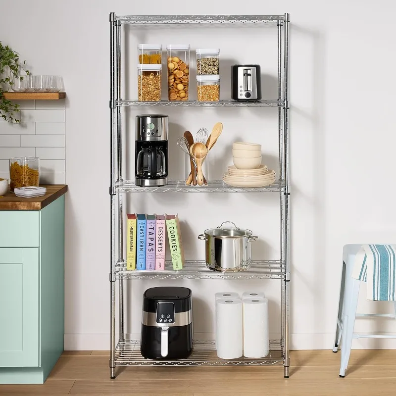 

5-Shelf Adjustable Heavy Duty Steel Wire Rack, Space Saving Storage Shelving Organizer for Kitchen, Garage, No-Tool Assembly