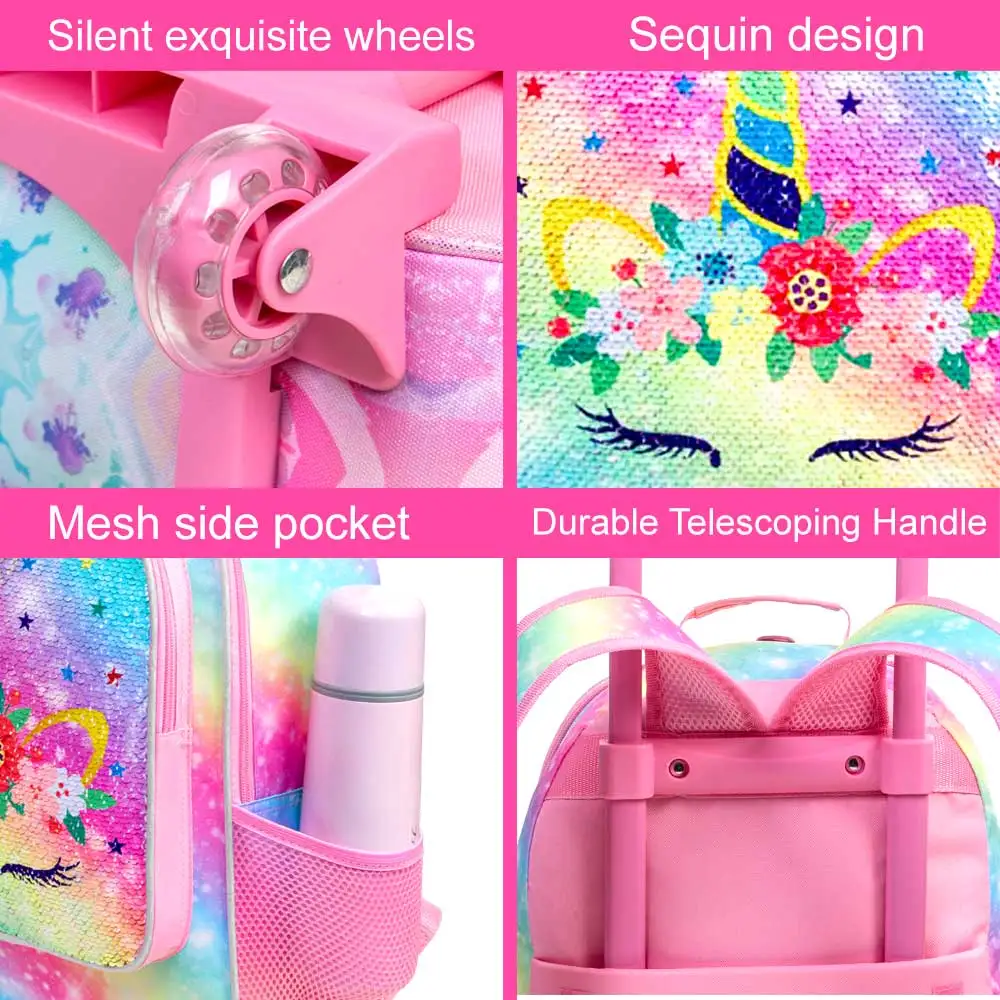 Rolling Backpack for Girls and Boys Kids Unicorn Dinosaur Bookbag with Roller Wheels Suitcase School Bag Set