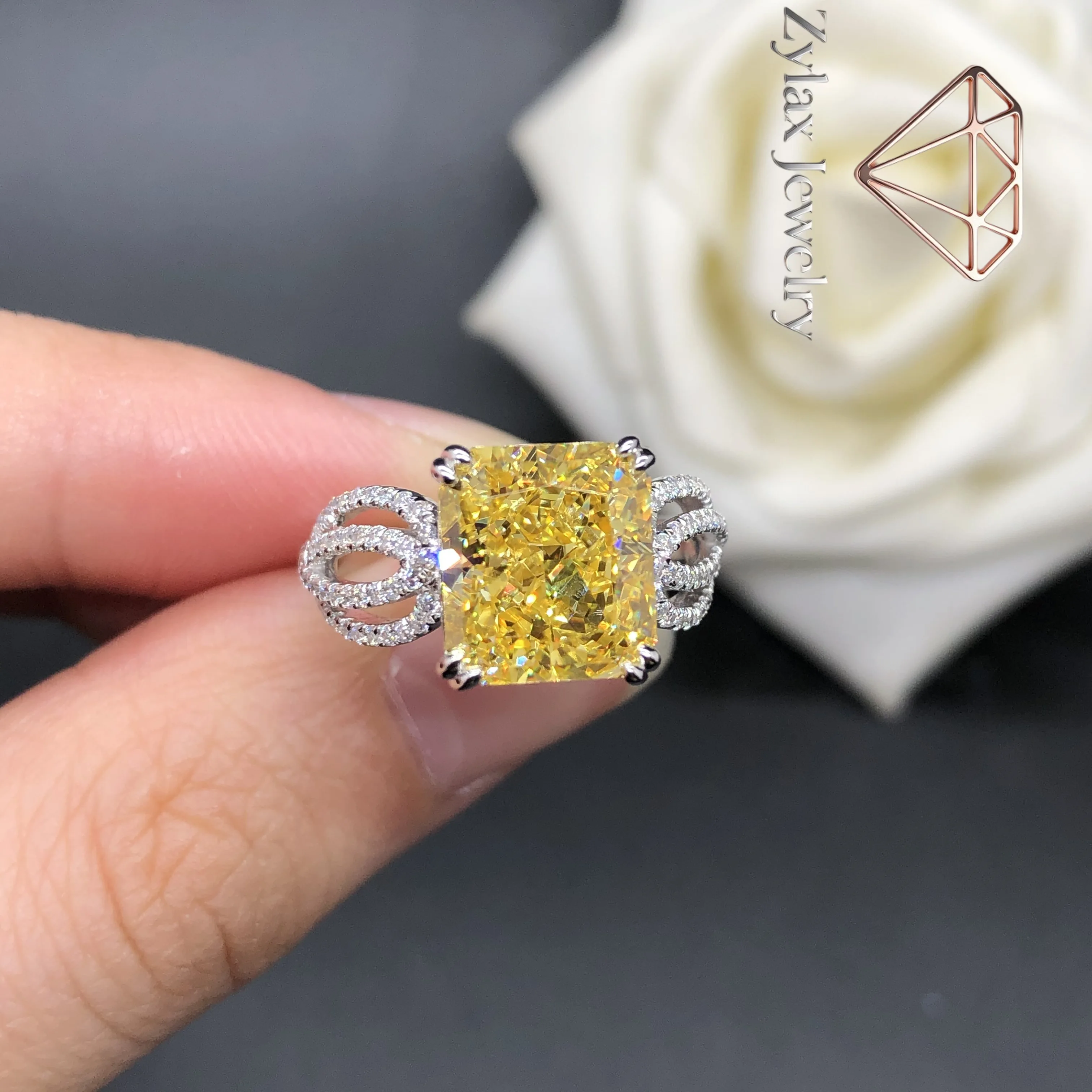 

Zylax Jewelry 4Ctw 10*8mm Radiant Lab Created Yellow Diamond Ring Solid 14K White Gold Jewelry for Women AU585 Wedding Band R179